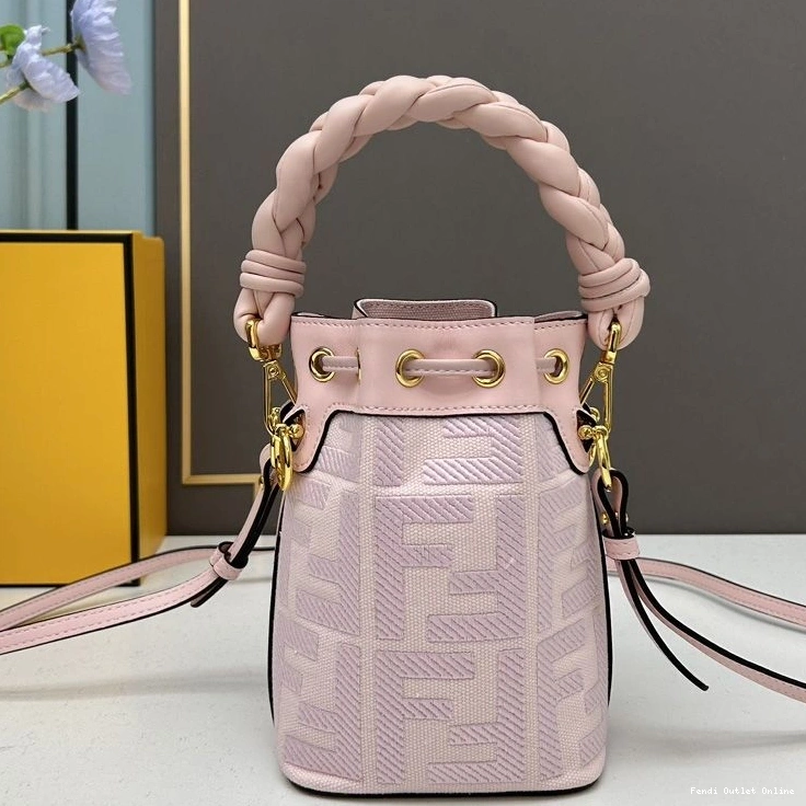 Affordable Mon Canvas Fendi Bag Pink Tresor Woven In FF Mini Handle with Bucket Motif 0719